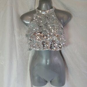 IEFiel Dance Ice Figure Skating Halter Top Ruffle Silver Sequins Sz 16 New Tag
